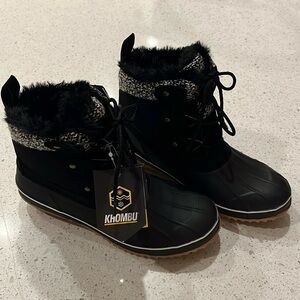 Khombu Black Keri Lace Up Duck Snow Boot Sz 8M Thermolite Waterproof Faux Fur